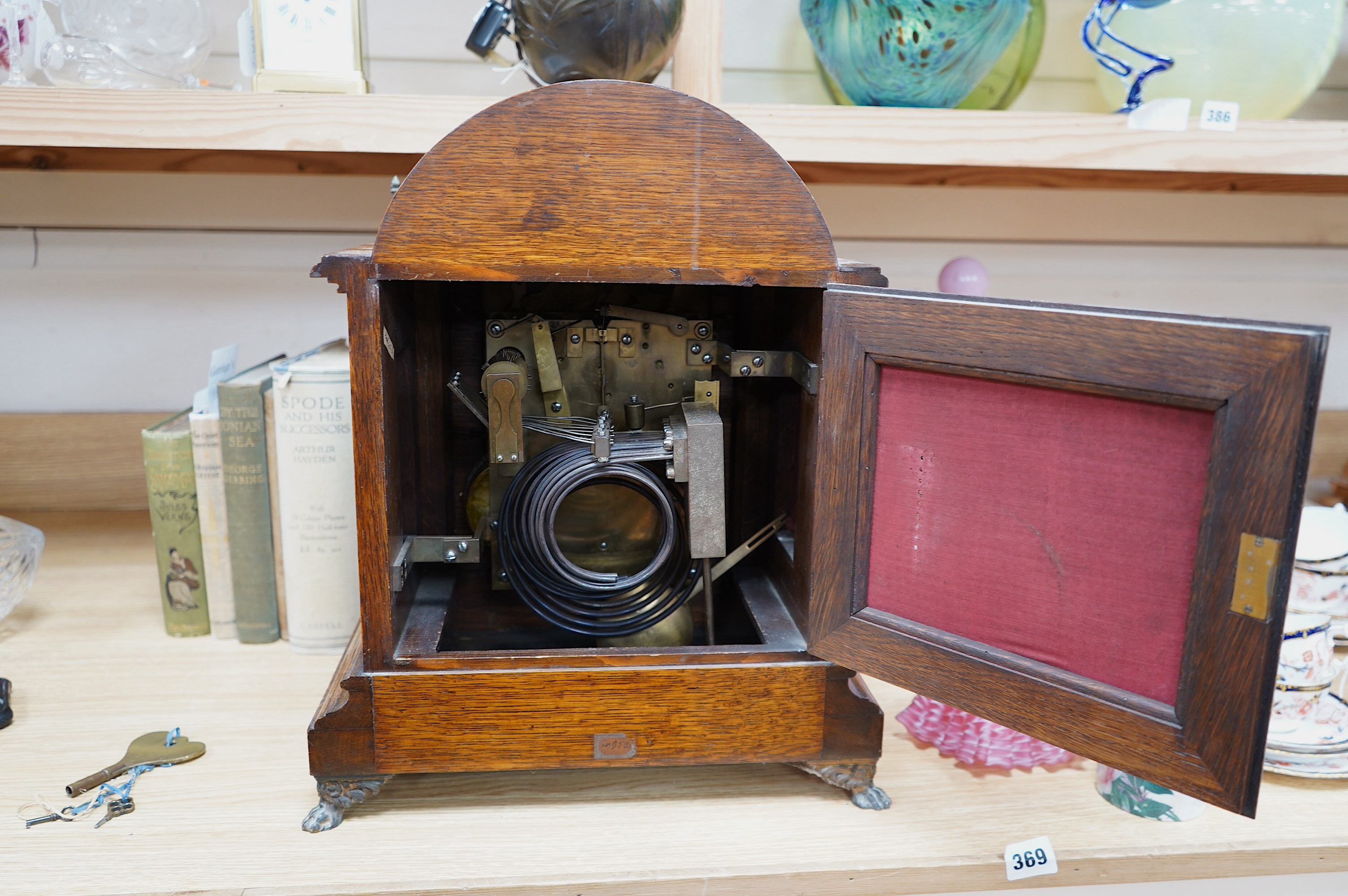 A Victorian W&H oak chiming three train bracket clock with key and pendulum, 46cm tall. Condition - fair to good.